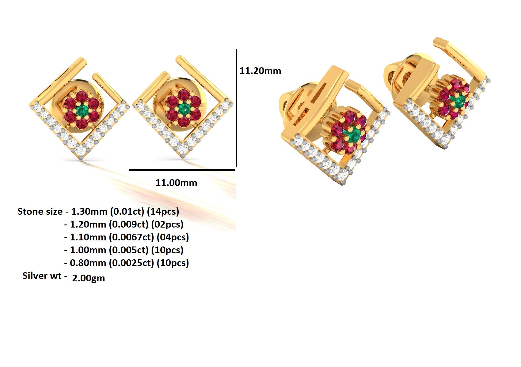 RKC Damen-Ohrring, offener quadratischer Ohrstecker aus 925er-Sterlingsilber, 14 Karat Rose, über 2,00 g, Höhe 11,20 mm