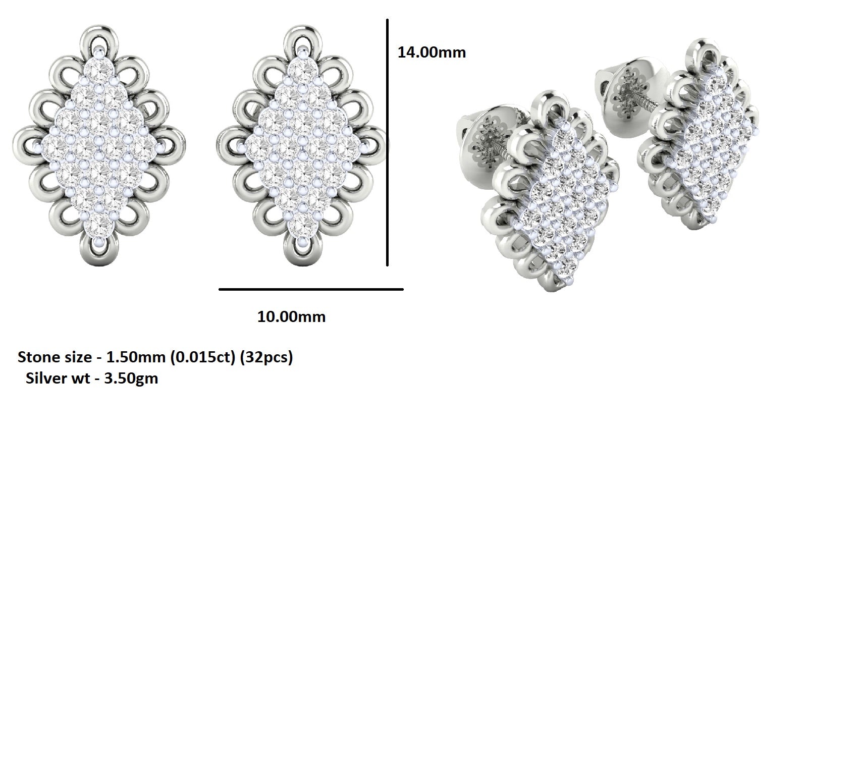 Orecchino a bottone da sposa da donna in argento sterling RKC con finitura in oro giallo 14K da 3,50 Gm, altezza 14,00 MM