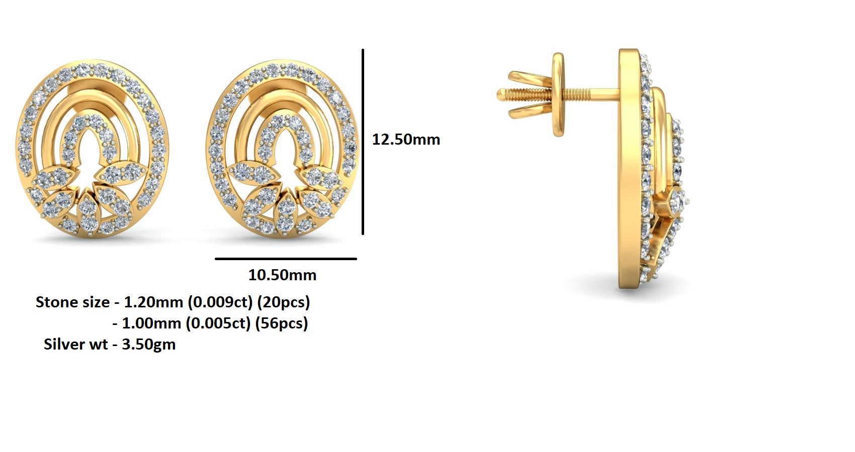 Orecchino da donna con perno a vite sul retro in argento sterling RKC 925, rosa 14k, oltre 3,50 Gm, altezza 12,50 mm