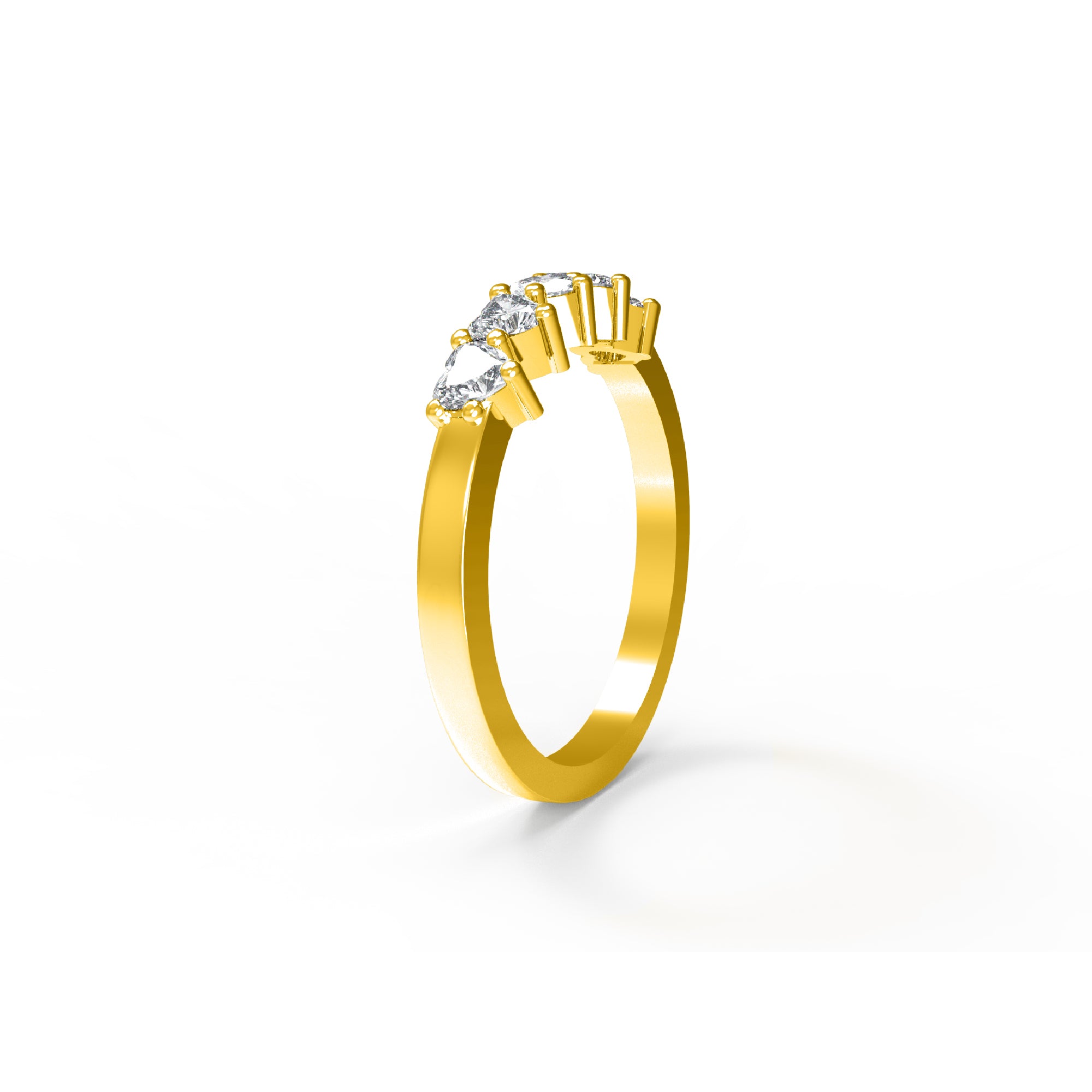 RKC Moissanit-Ehering mit fünf Herzschliff, 14 Karat Gelbgold plattiert, 925er Silber, Damenring, Gewicht 2 g, Breite 2 mm
