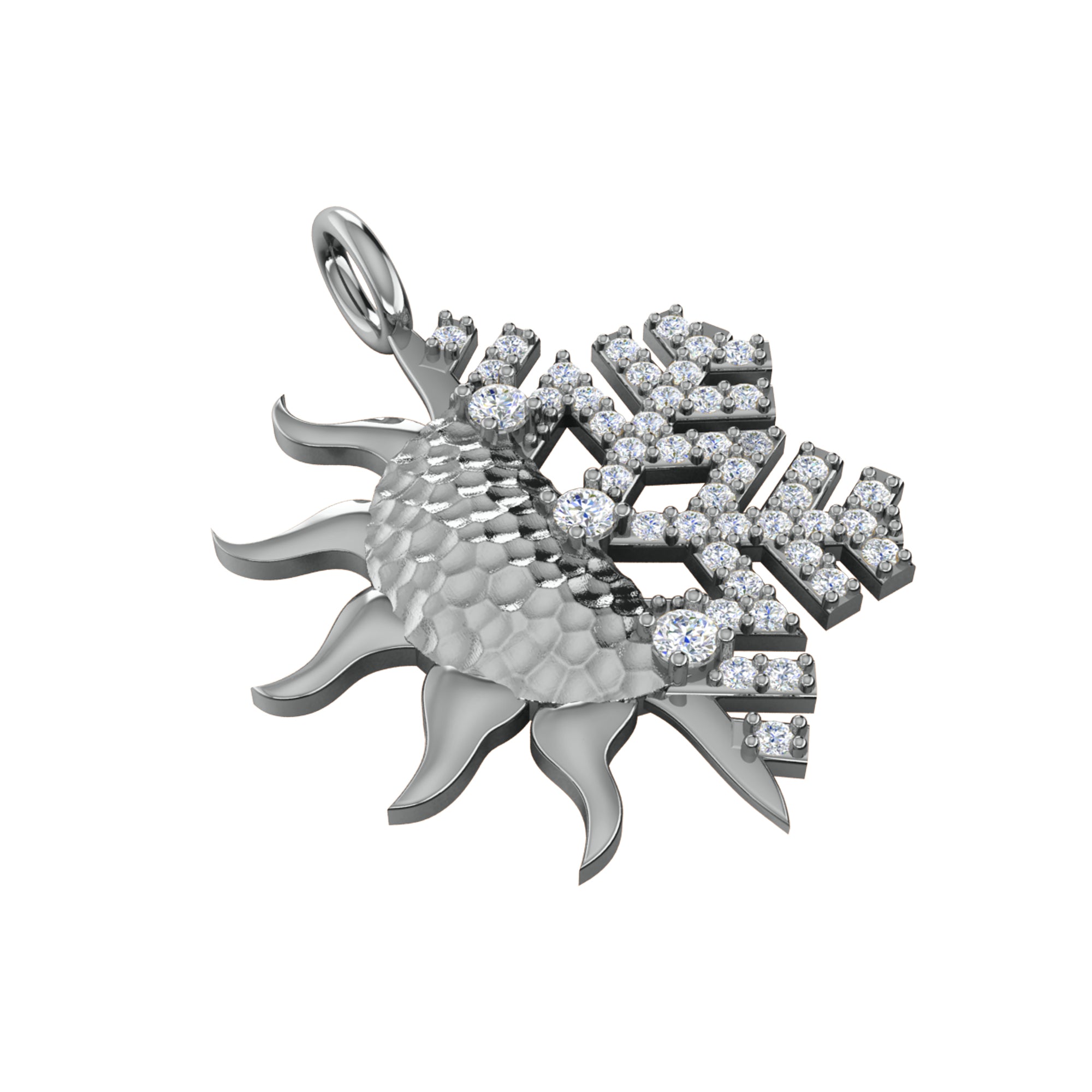 RKC Ciondolo con sole e fiocco di neve in moissanite da 0,47 ct, gioielli in argento 925, placcato in oro giallo 14 carati, peso 4,50 g, altezza 29 mm