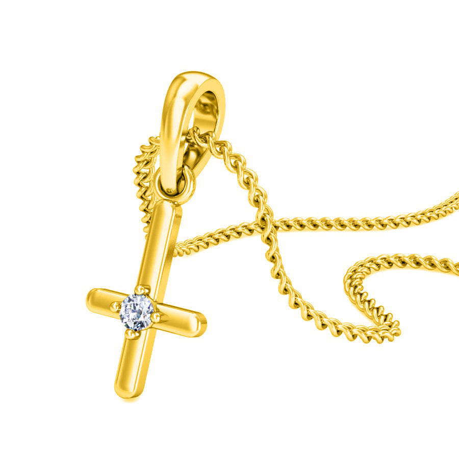 RKC Ciondolo in moissanite da donna in argento 925 con croce religiosa da 0,015 ct, placcato in oro giallo 14 carati, peso 2,4 g, altezza 15 mm