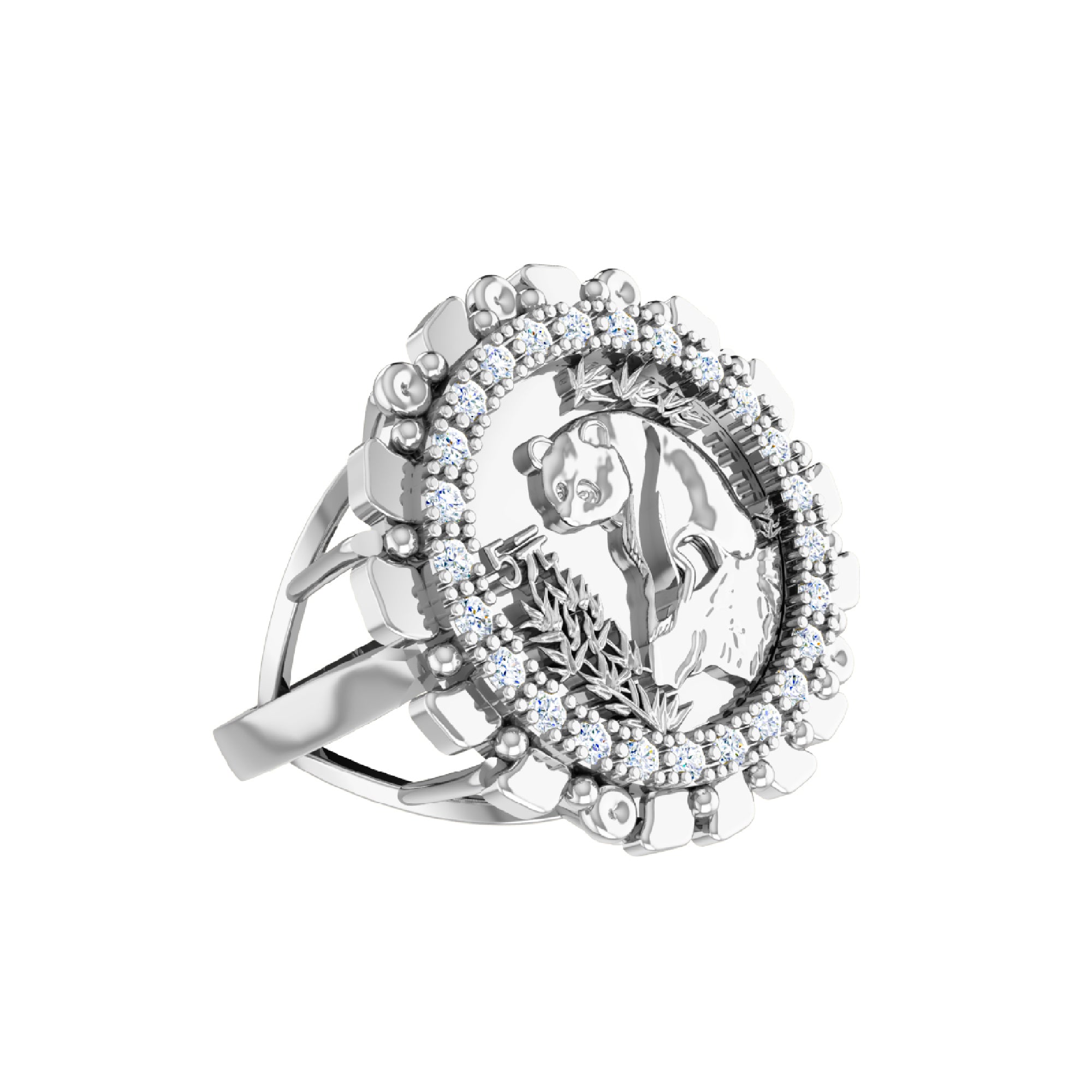 RKC Moissanit-Rundschliff-Panda-Münzring für Damen, 925er Silber, 14 Karat Gelbgold vergoldet, Gewicht 5 g, Breite 2,30 mm