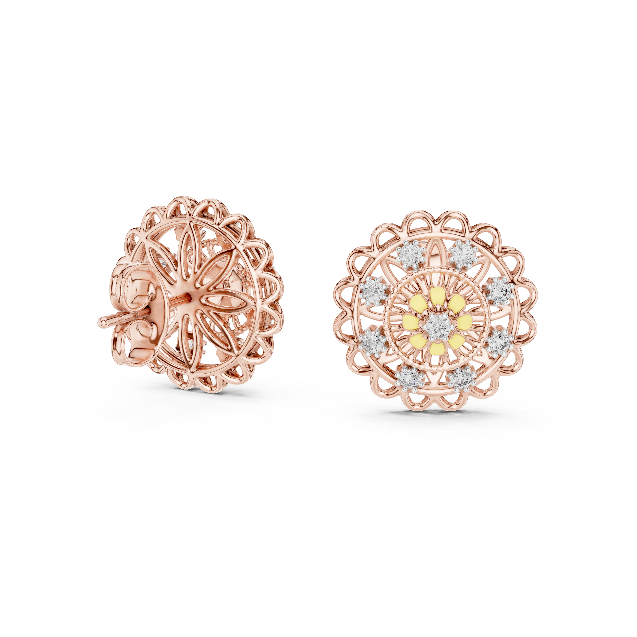 925 Silver Moissanite Floral Mandala Filigree Stud Earrings – 14K Gold Plated