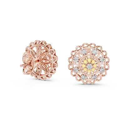925 Silver Moissanite Floral Mandala Filigree Stud Earrings – 14K Gold Plated