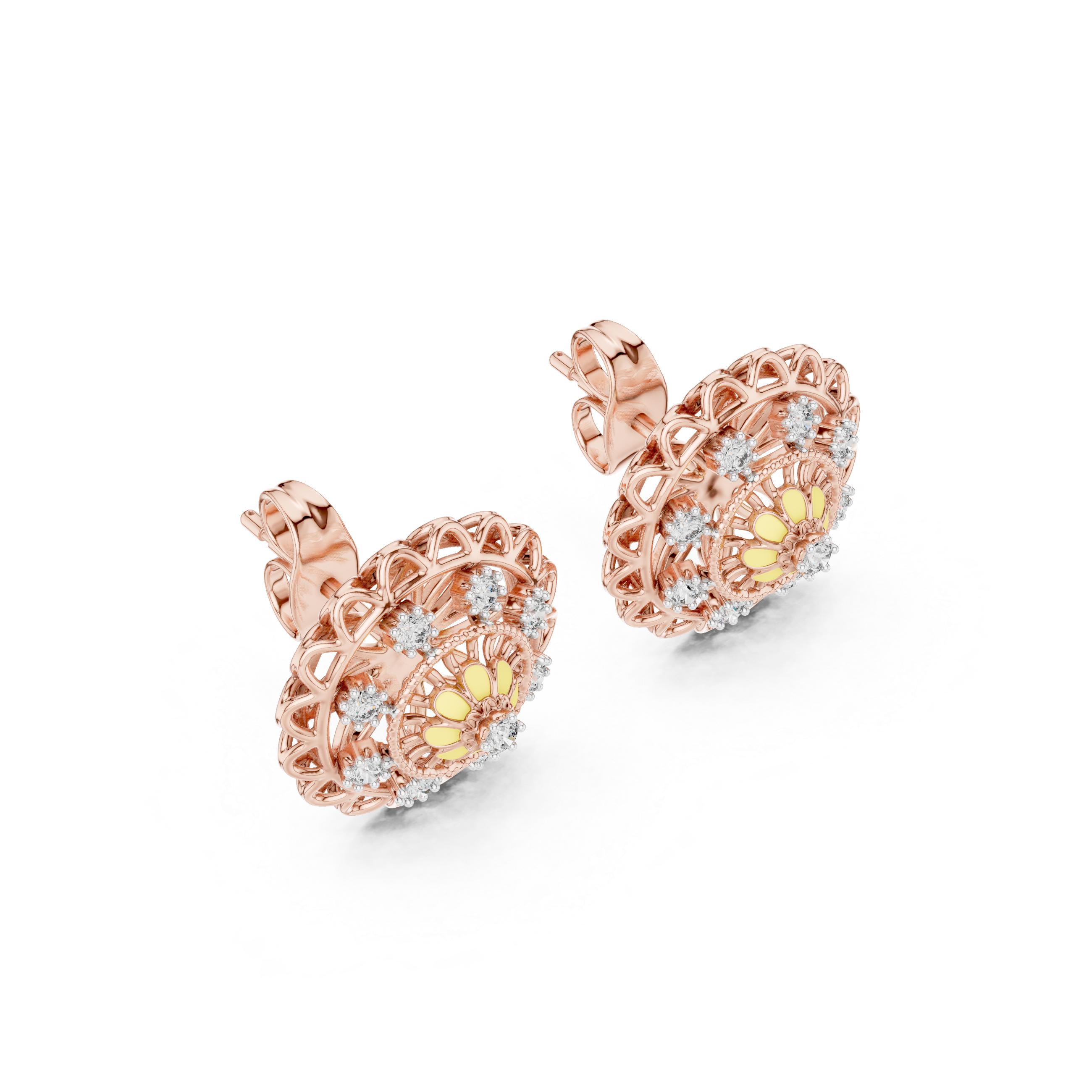 925 Silver Moissanite Floral Mandala Filigree Stud Earrings – 14K Gold Plated