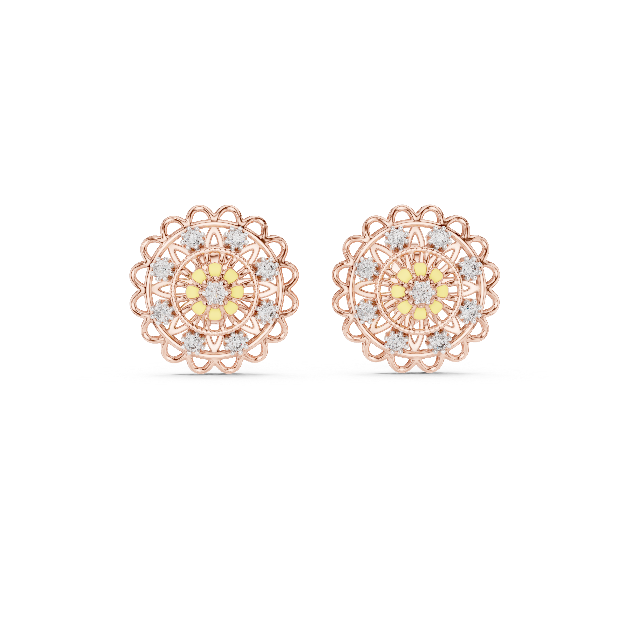 925 Silver Moissanite Floral Mandala Filigree Stud Earrings – 14K Gold Plated
