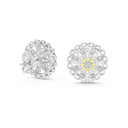 925 Silver Moissanite Floral Mandala Filigree Stud Earrings – 14K Gold Plated