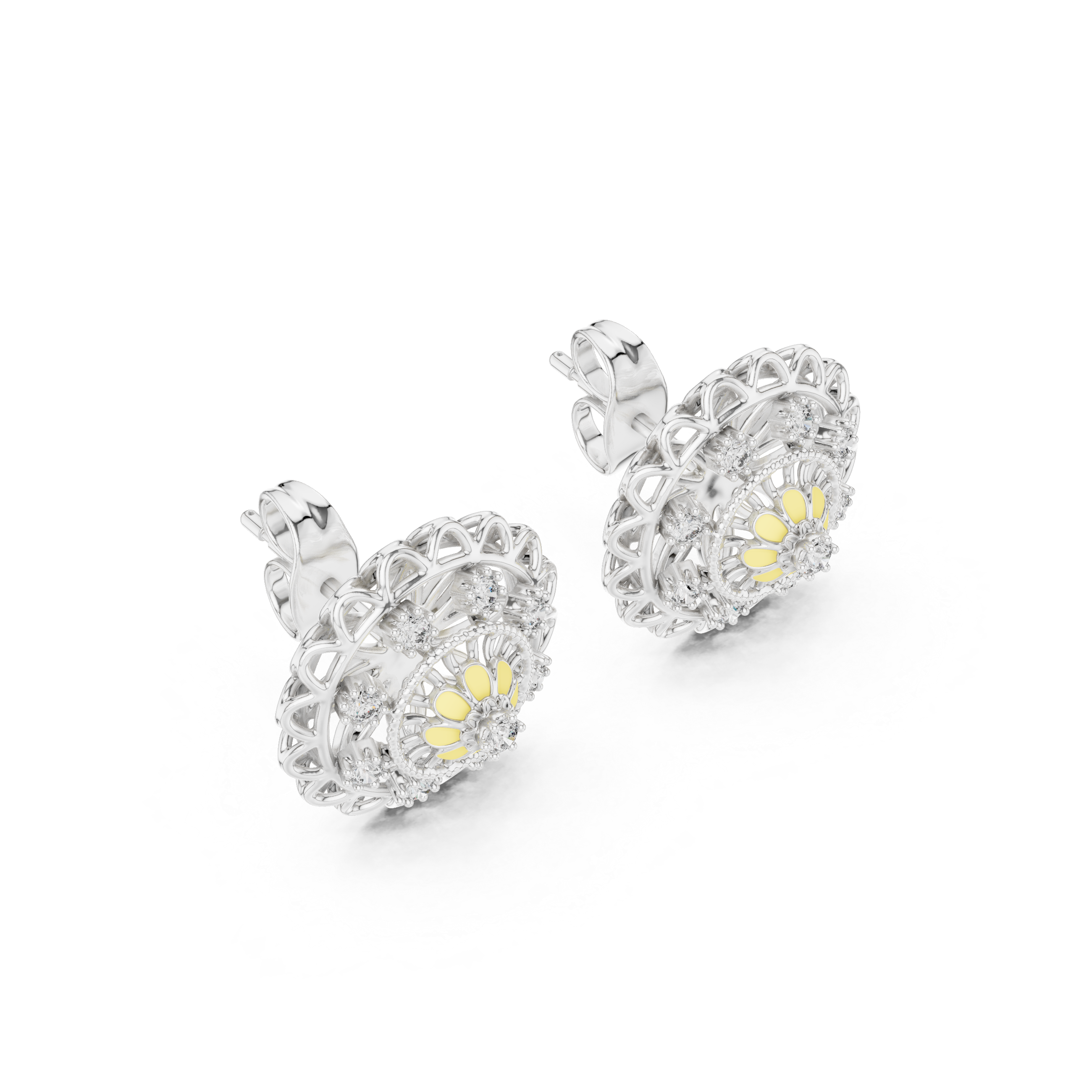 925 Silver Moissanite Floral Mandala Filigree Stud Earrings – 14K Gold Plated
