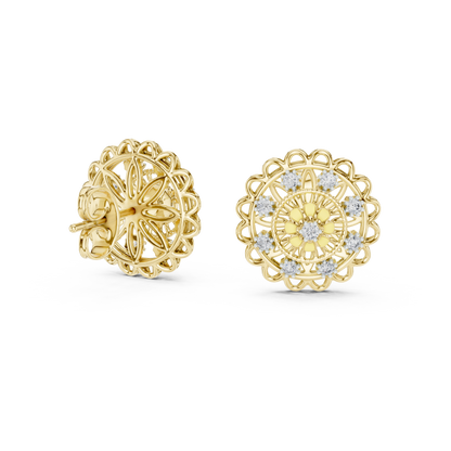 925 Silver Moissanite Floral Mandala Filigree Stud Earrings – 14K Gold Plated