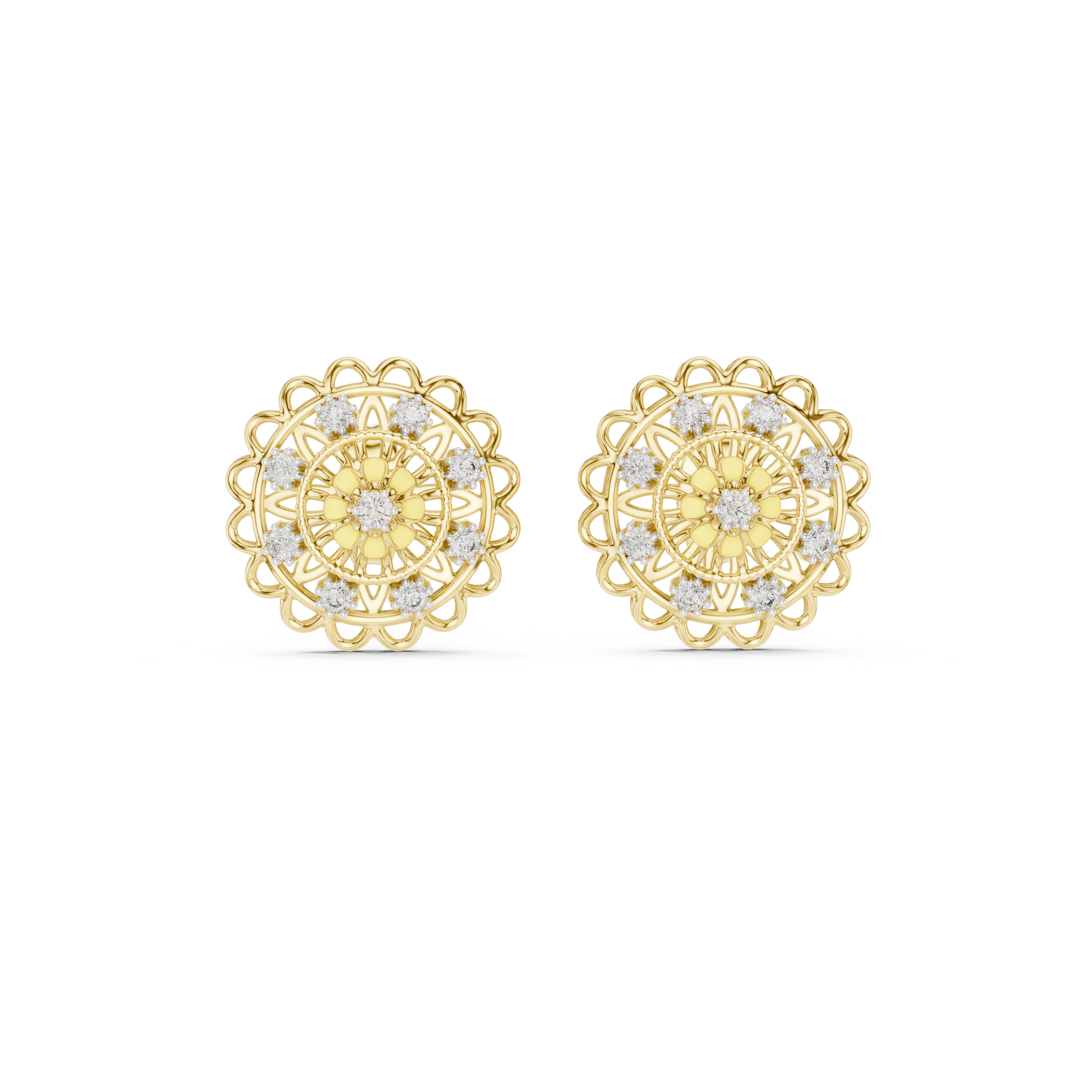 925 Silver Moissanite Floral Mandala Filigree Stud Earrings – 14K Gold Plated
