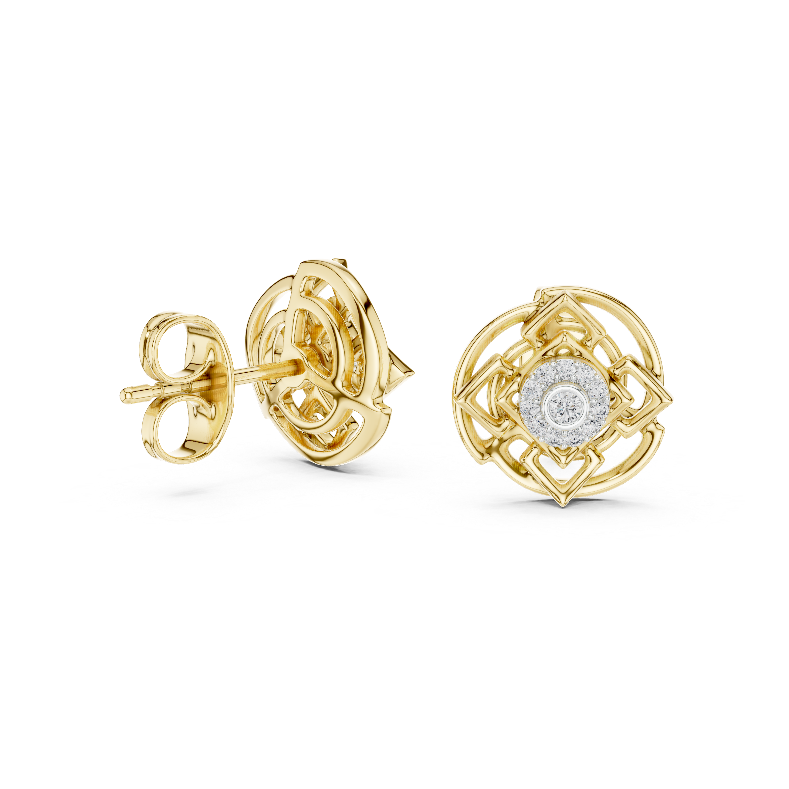 925 Silver Moissanite Sacred Geometry Mandala Stud Earrings – 14K Gold Plated