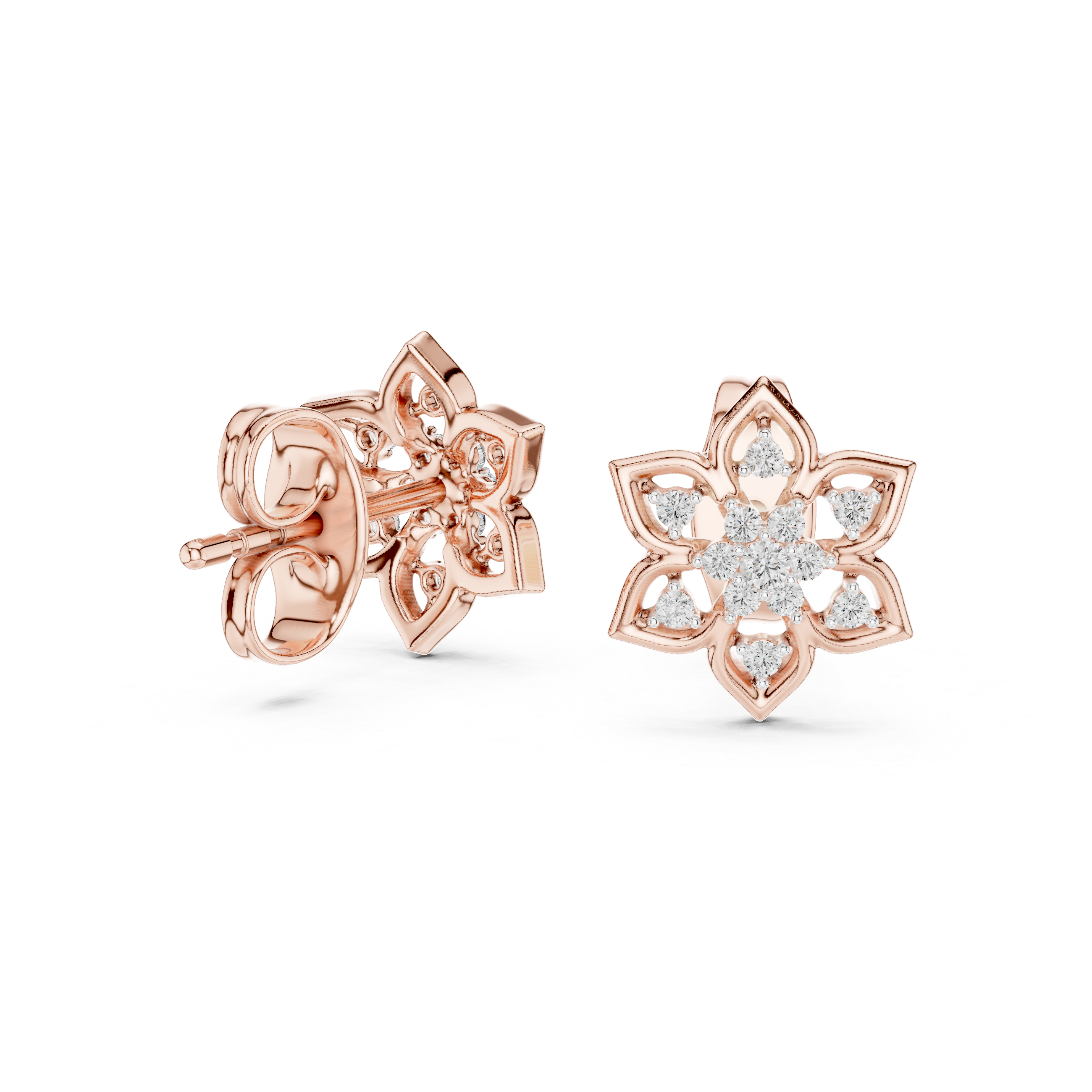 925 Silver Moissanite Flower Shaped Stud Earrings – 14K Gold Plated