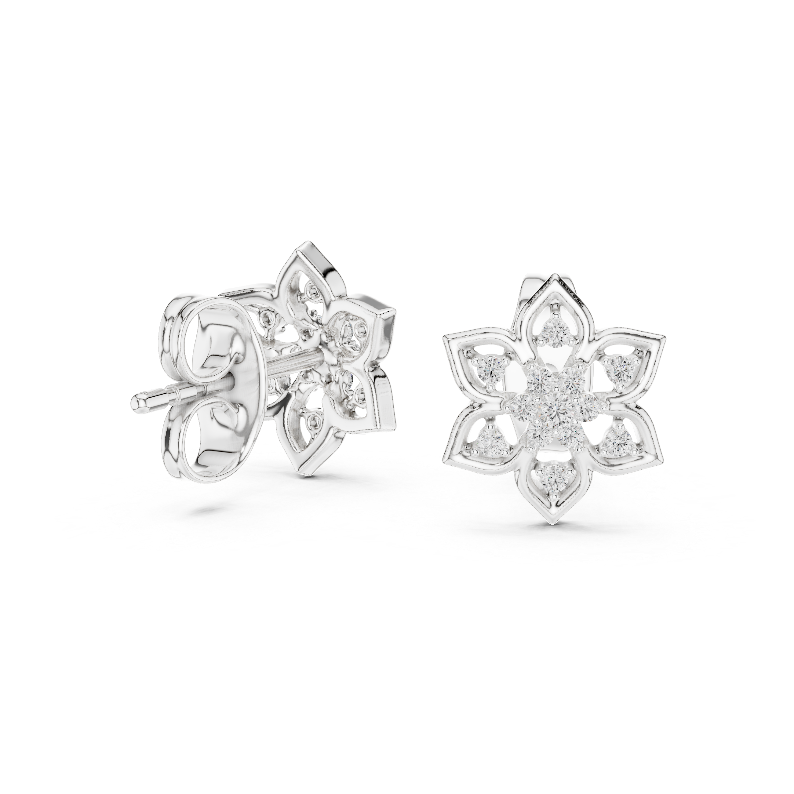 925 Silver Moissanite Flower Shaped Stud Earrings – 14K Gold Plated