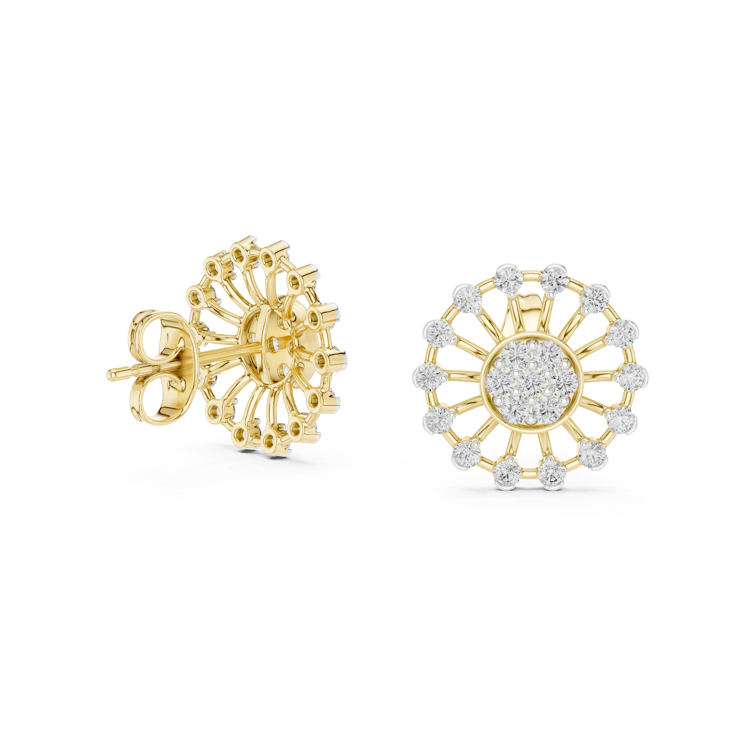 925 Silver Moissanite Sunburst Wheel Style Stud Earrings – 14K Gold Plated
