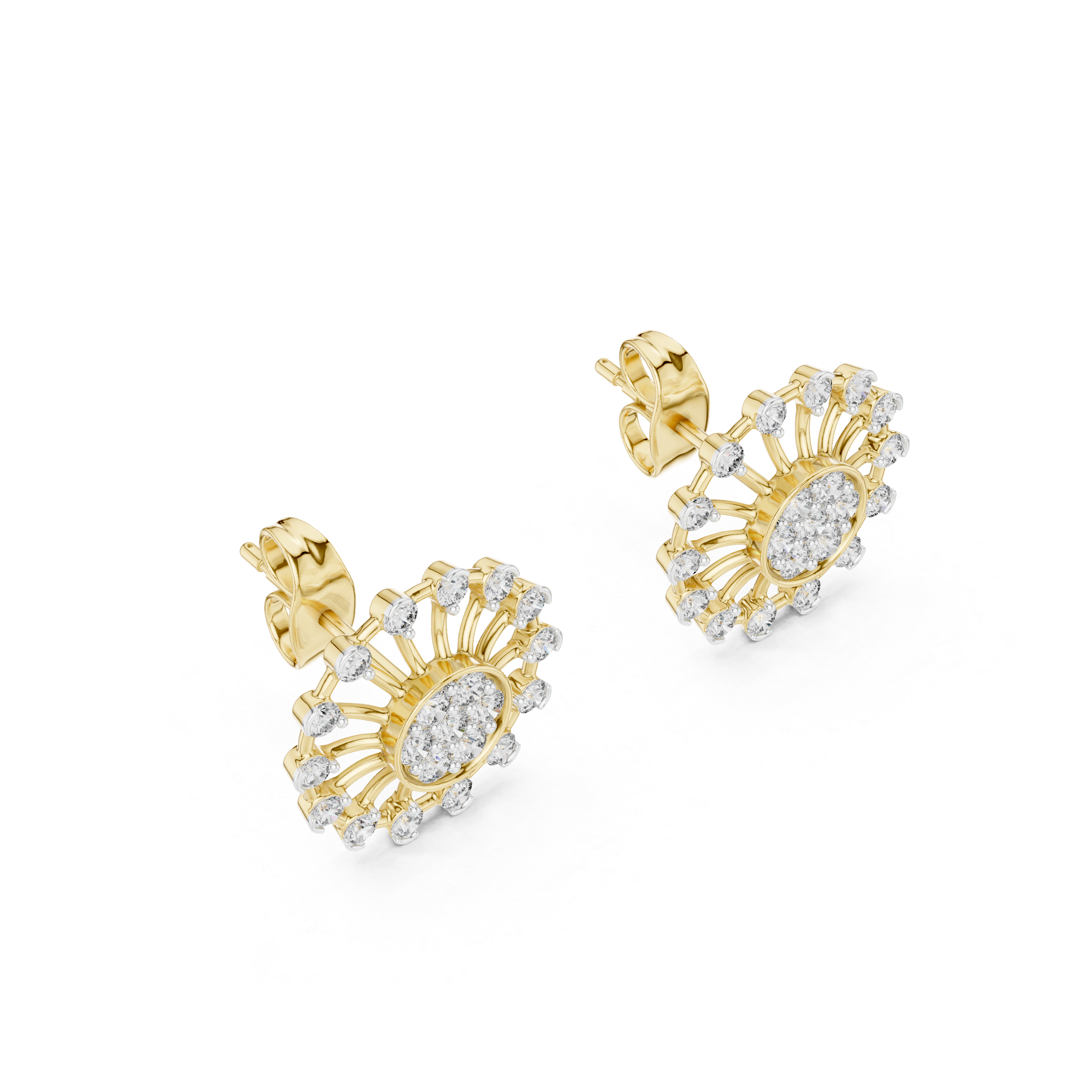 925 Silver Moissanite Sunburst Wheel Style Stud Earrings – 14K Gold Plated