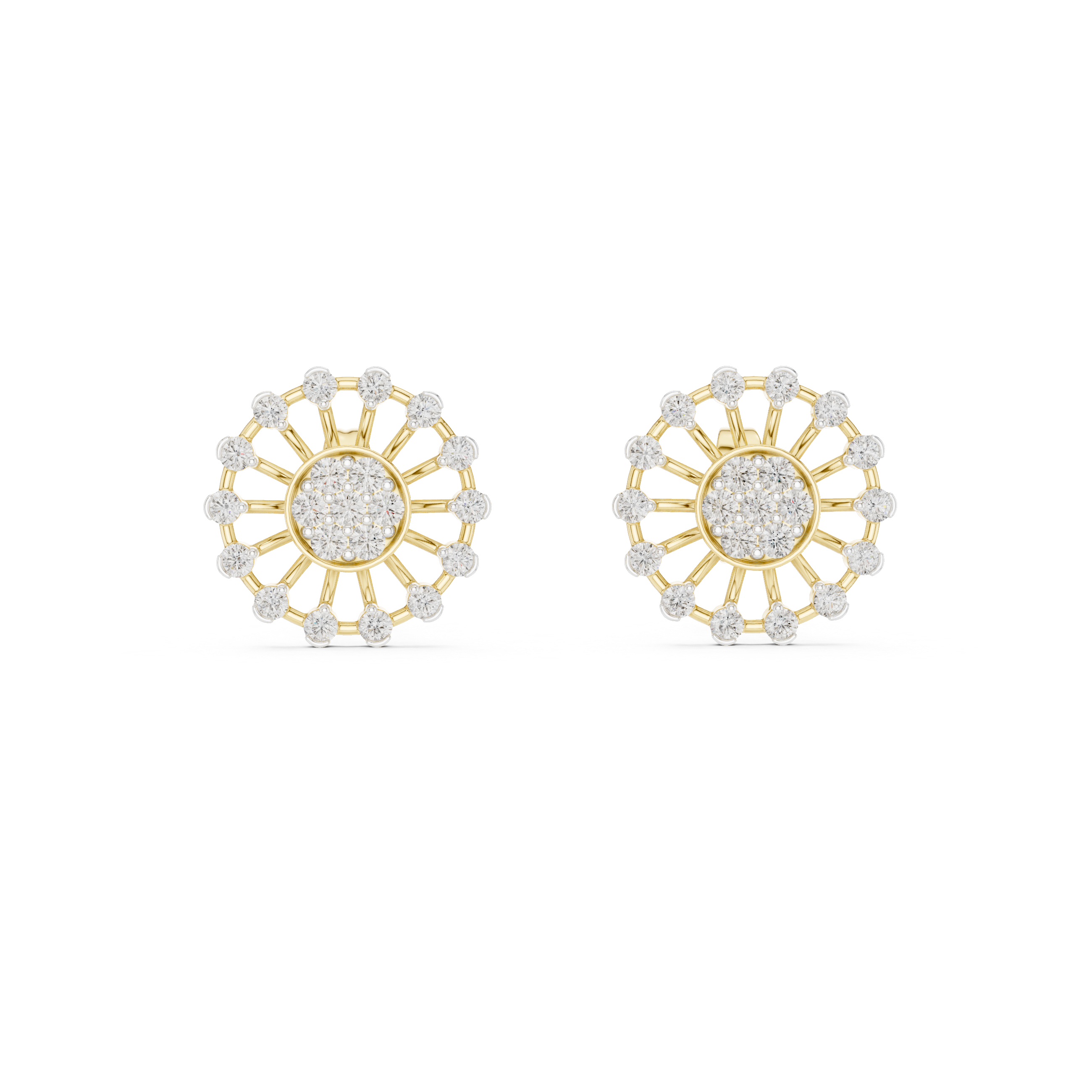 925 Silver Moissanite Sunburst Wheel Style Stud Earrings – 14K Gold Plated