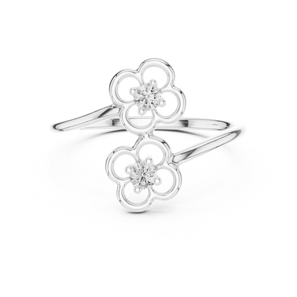 925 Silver Moissanite Flower Bypass Open Ring 14K Gold Plated