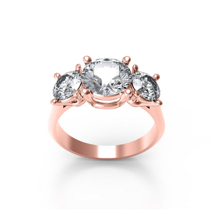 Fede nuziale rotonda con tre pietre Moissanite RKC, argento 925, placcato oro rosa 14 carati, peso 2,70 g, larghezza 2,60 mm
