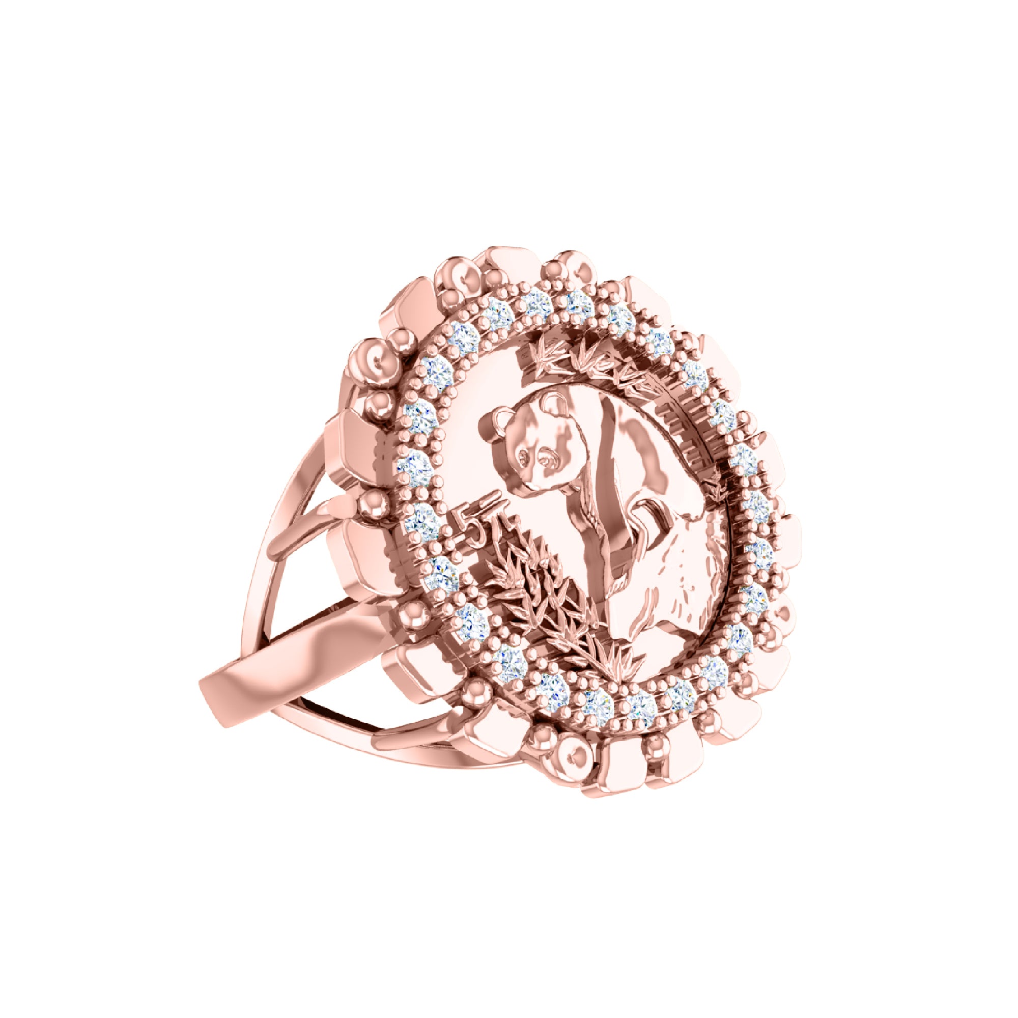 RKC Moissanit-Rundschliff-Panda-Münzring für Damen, 925er Silber, 14 Karat Gelbgold vergoldet, Gewicht 5 g, Breite 2,30 mm
