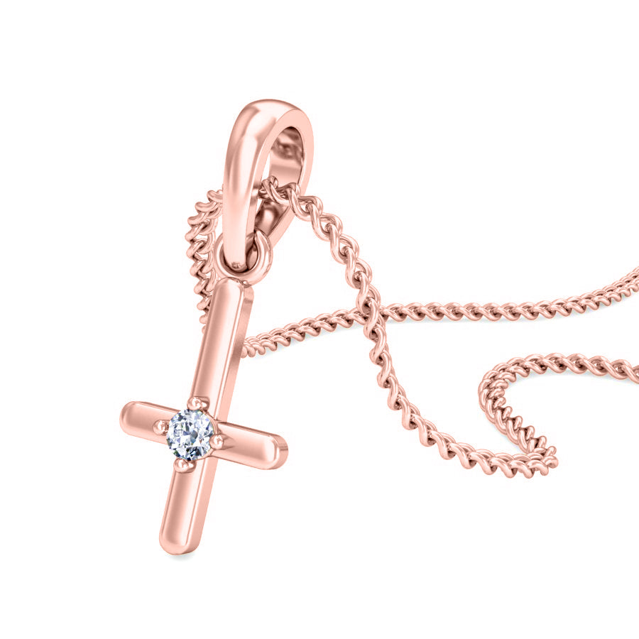 RKC Ciondolo in moissanite da donna in argento 925 con croce religiosa da 0,015 ct, placcato in oro giallo 14 carati, peso 2,4 g, altezza 15 mm