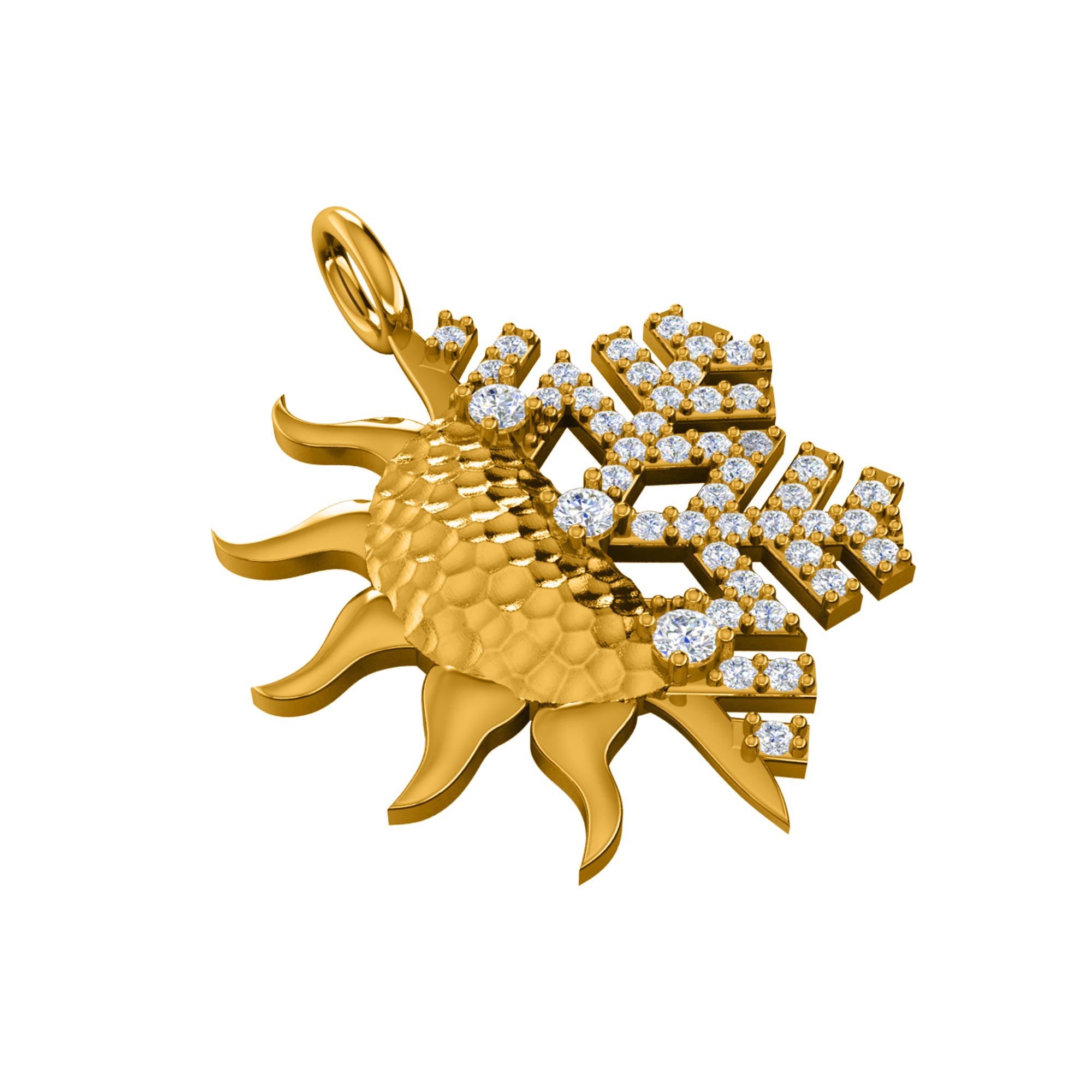 RKC Ciondolo con sole e fiocco di neve in moissanite da 0,47 ct, gioielli in argento 925, placcato in oro giallo 14 carati, peso 4,50 g, altezza 29 mm