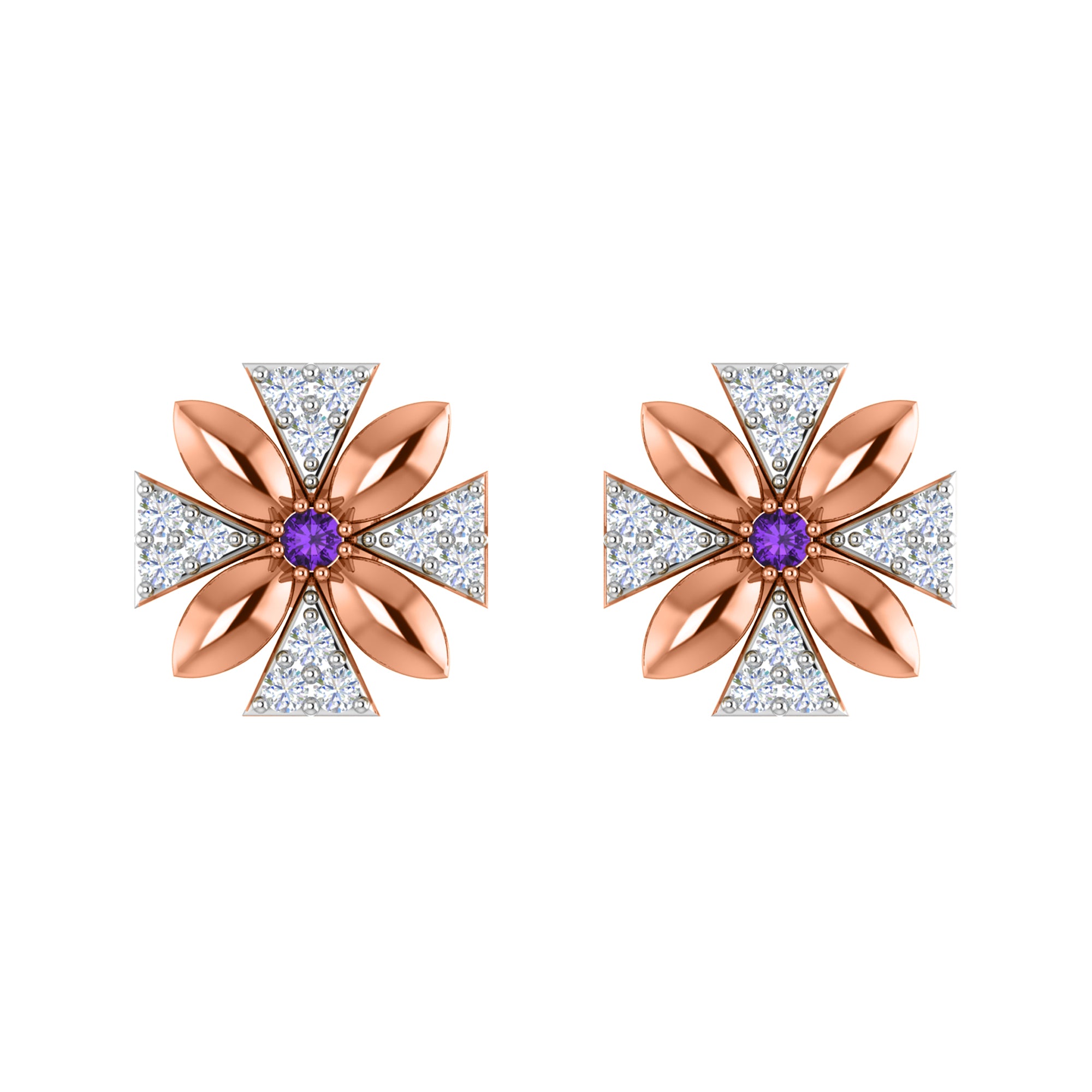 Orecchino da donna con motivo floreale push-back in argento sterling RKC 925, oro rosa 14 carati, peso 3,00 g, altezza 11,50 mm