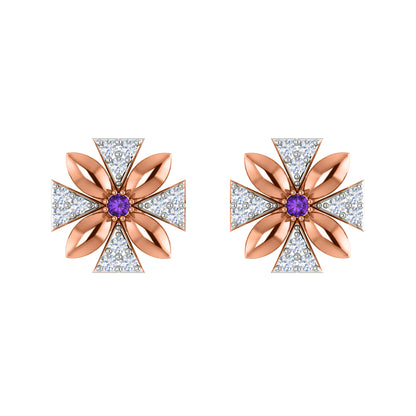 Orecchino da donna con motivo floreale push-back in argento sterling RKC 925, oro rosa 14 carati, peso 3,00 g, altezza 11,50 mm