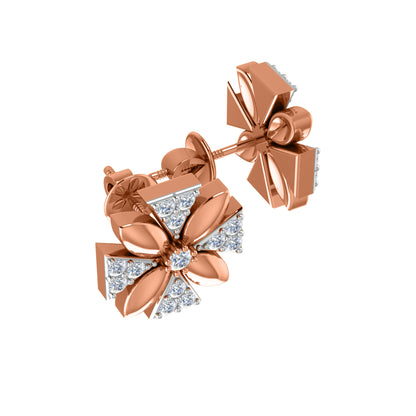 Orecchino da donna con motivo floreale push-back in argento sterling RKC 925, oro rosa 14 carati, peso 3,00 g, altezza 11,50 mm