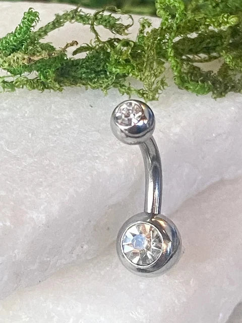 RKC  2 Diamond Belly Navel Body Piercing Ring 14K White Gold Plated 925 sterling silver