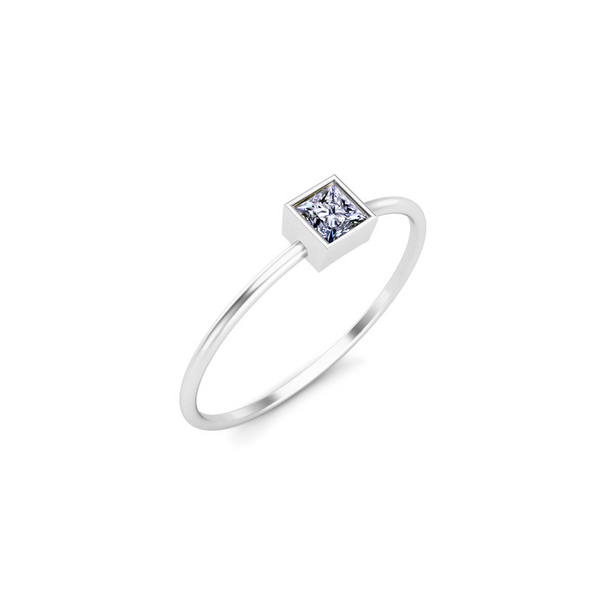 RKC Solitär-Verlobungsring im Princess-Schliff mit Moissanit-Lünette, 925er Silber, 14 Karat Roségold vergoldet, Gewicht 1 g, Breite 1,30 mm