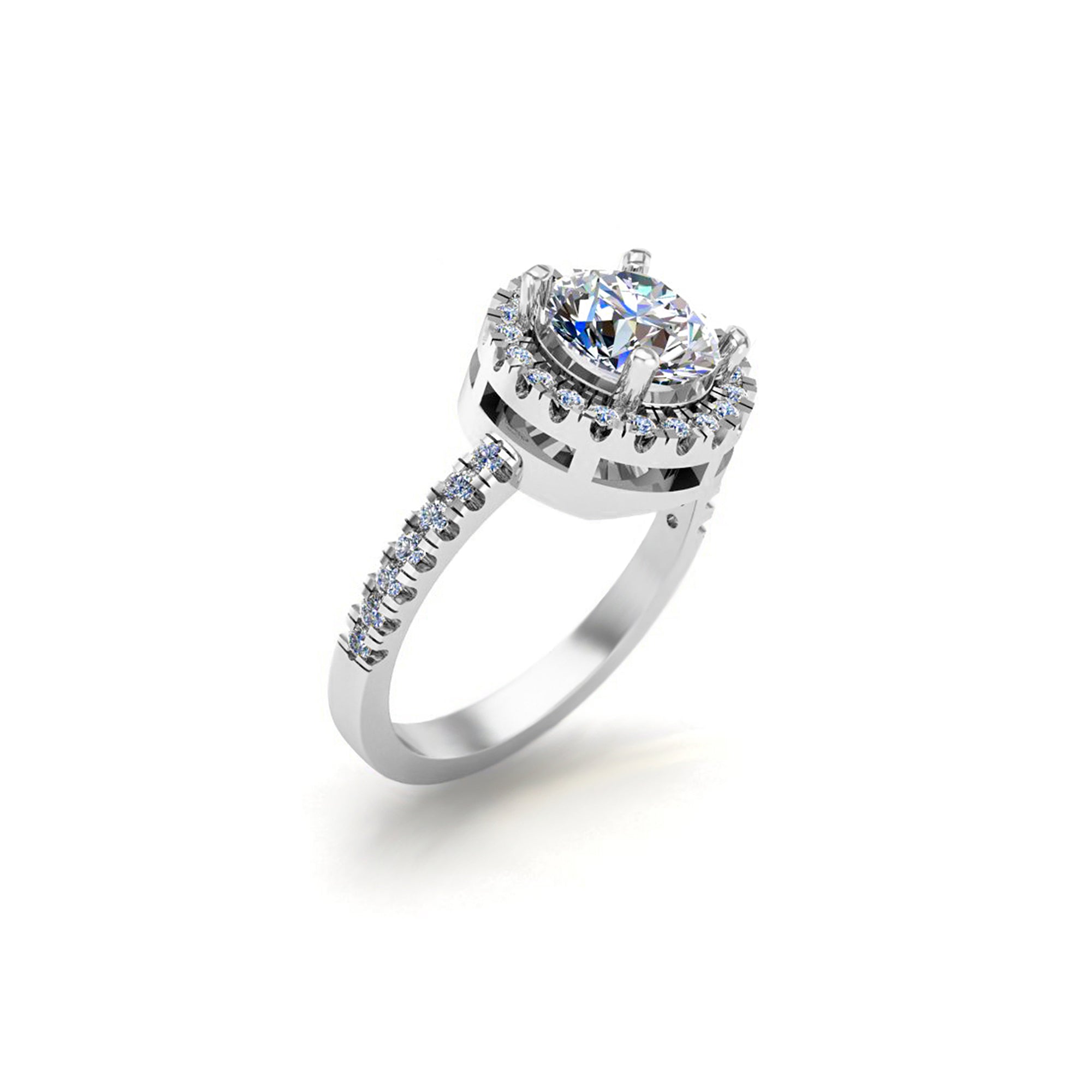 RKC Runder Moissanit-Halo-Solitärring mit Akzenten, Verlobungsring für Sie, 925er Silber, 14 Karat Gelbgold plattiert, Gewicht 3,70 g, Breite 2,60 mm