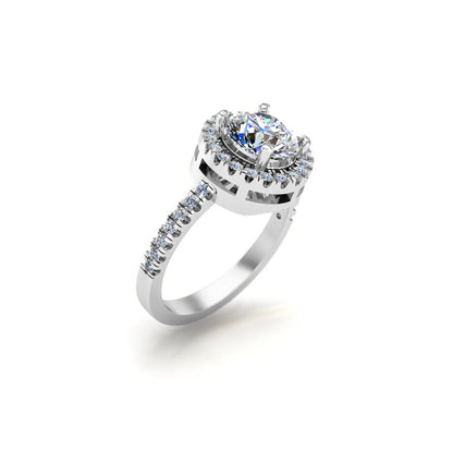 RKC Runder Moissanit-Halo-Solitärring mit Akzenten, Verlobungsring für Sie, 925er Silber, 14 Karat Gelbgold plattiert, Gewicht 3,70 g, Breite 2,60 mm