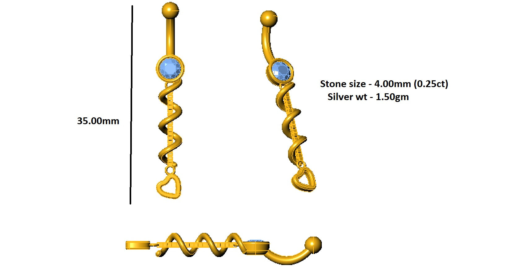 RKC JEWELRY Ombelico da donna in argento sterling 925 placcato in oro giallo 14k Peso 1,50 g Altezza 35,00 mm