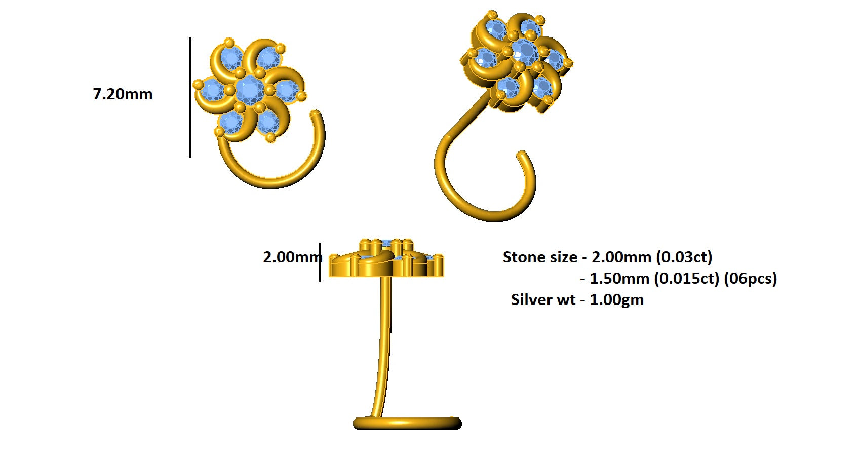 RKC JEWELRY Damen-Nasennadel mit floralem Moissanit-Motiv aus 925er-Sterlingsilber, 14 Karat Gelbgold vergoldet, Gewicht 1,00 g