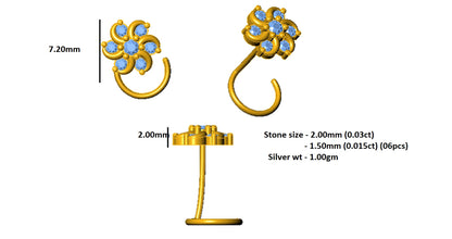 RKC JEWELRY Damen-Nasennadel mit floralem Moissanit-Motiv aus 925er-Sterlingsilber, 14 Karat Gelbgold vergoldet, Gewicht 1,00 g