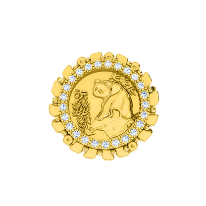 RKC Moissanit-Rundschliff-Panda-Münzring für Damen, 925er Silber, 14 Karat Gelbgold vergoldet, Gewicht 5 g, Breite 2,30 mm