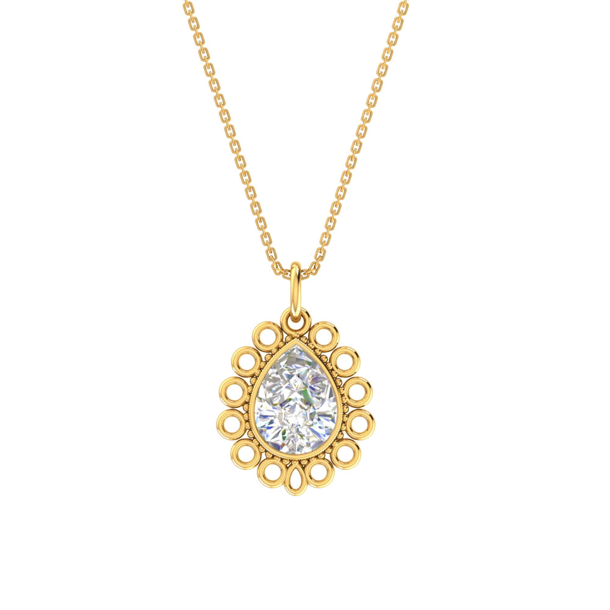 RKC Moissanite/ CZ Golden Pear Shape Pendant with Link Chain 14k Yellow Gold Plated Weight gm