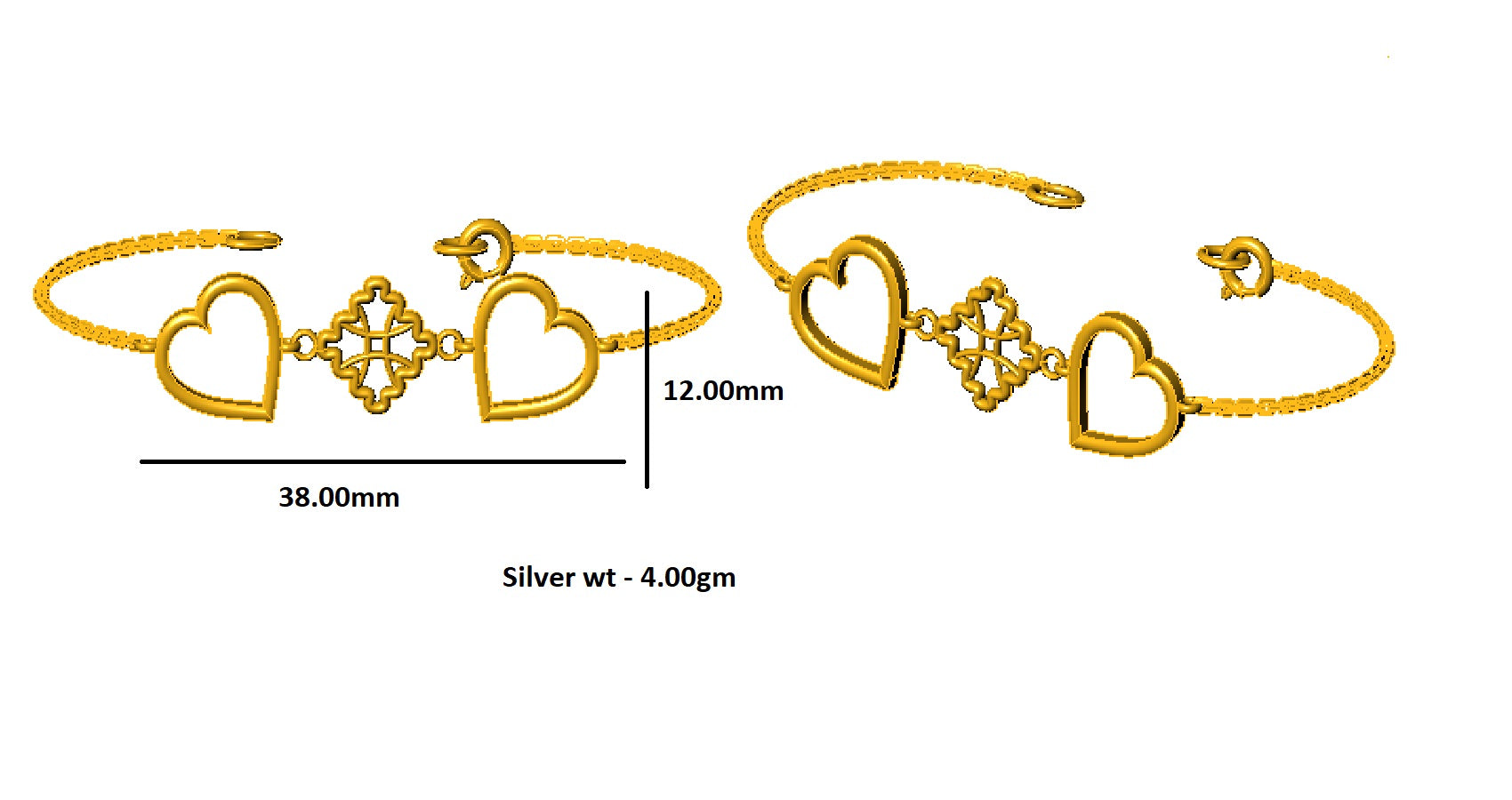 RKC 925 Sterling Silber Damen-Armband mit goldenem Herz, 14 Karat Gelbgold vergoldet, Gewicht 4,00 g, Höhe 12,00 mm