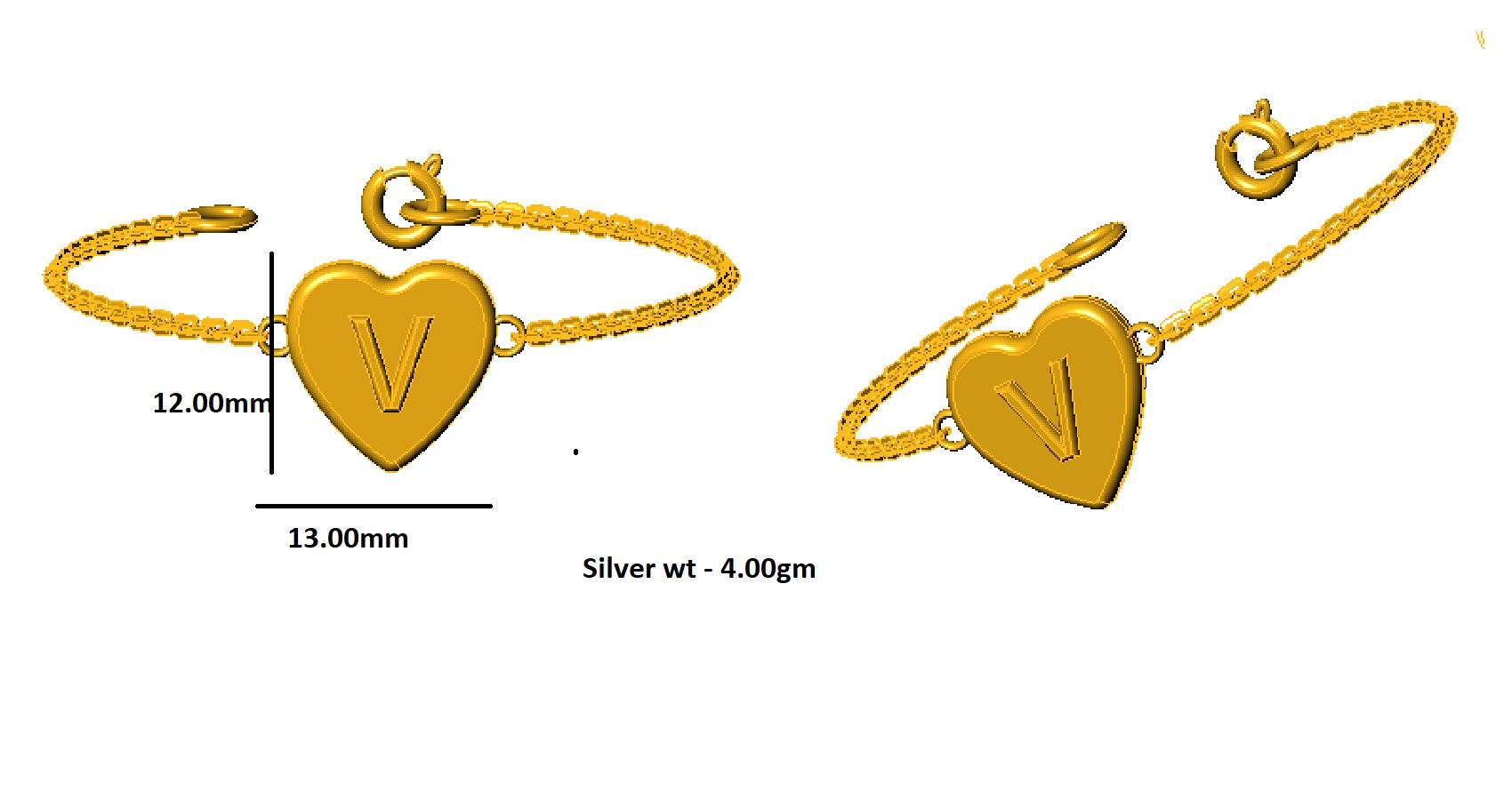 RKC 925 Sterling Silber Initiale Herz „V“ Buchstabenkette 14K Gelbgold vergoldet Produktgewicht 4,00 GM