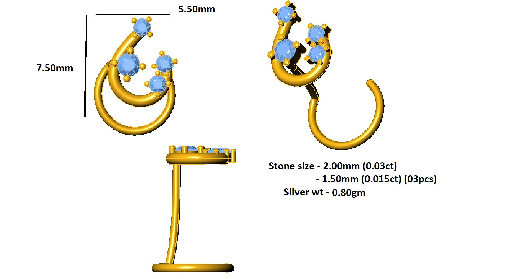 RKC JEWELRY Damen-Nasennadel aus 925er-Sterlingsilber, Moissanit, 14 Karat Roségold vergoldet, Gewicht 0,80 g
