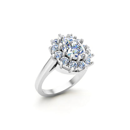 RKC Oval Cut Moissanit Damen-Verlobungsring im Halo-Stil, 925er Sterlingsilber, 14 Karat Gelbgold vergoldet, Gewicht 4,40 g, Breite 2,10 mm