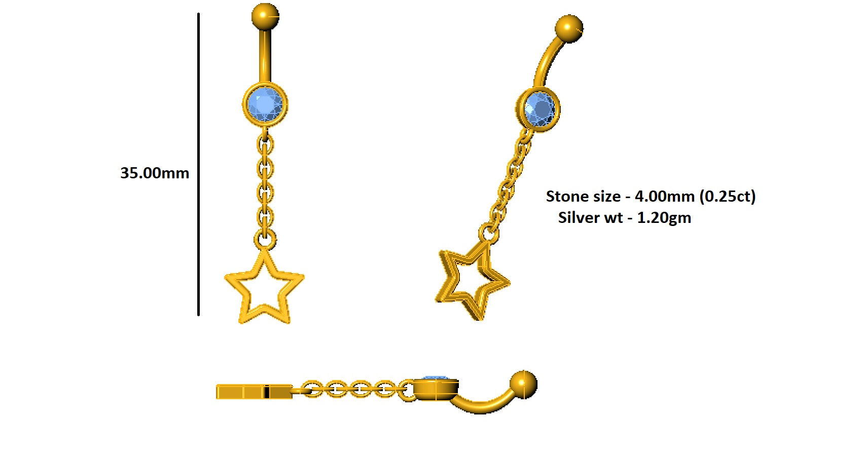 RKC JEWELRY 925 Sterling Silber Drop Star Damen-Bauchnabel, 14 Karat Gelbgold vergoldet, Gewicht 1,20 GM, Höhe 35 mm