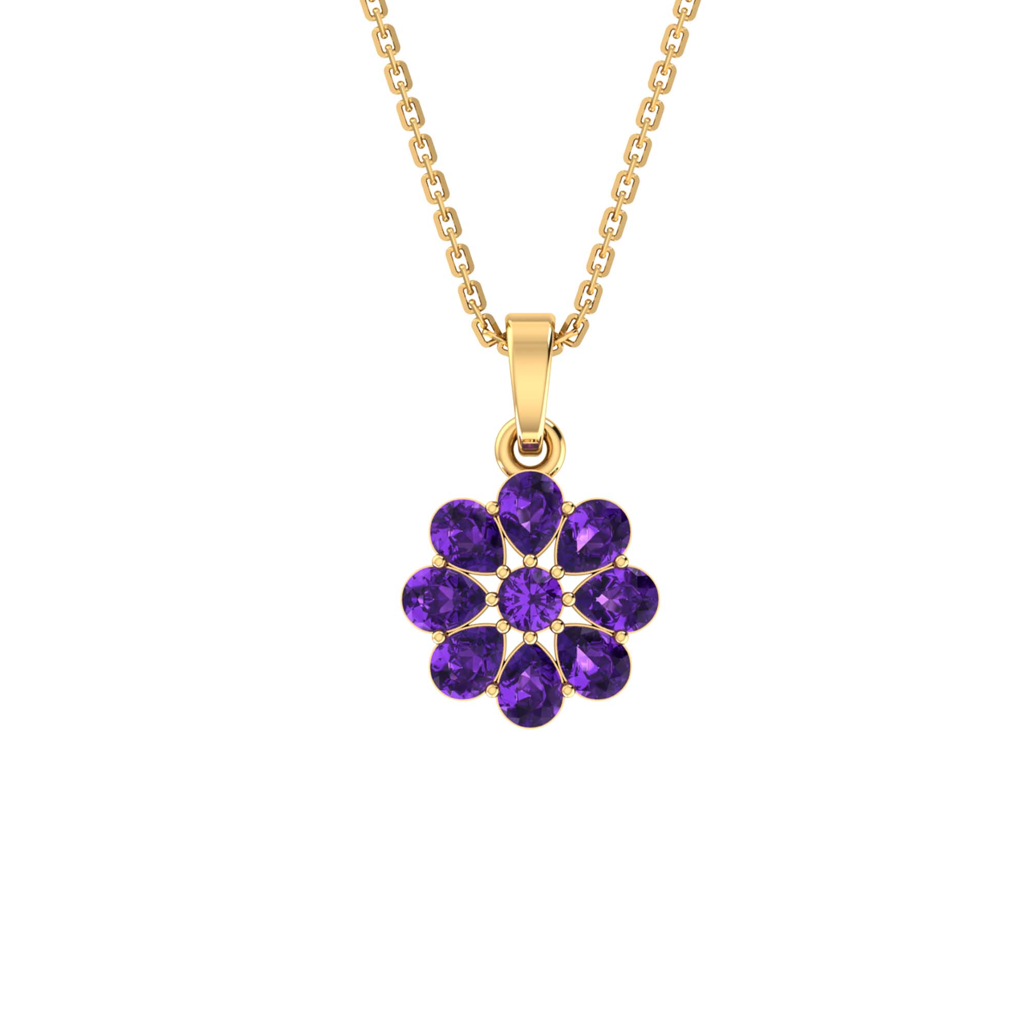 RKC Silver Pear & Round Cut Sapphire Flower Pendant With Link Chain Gold Plated