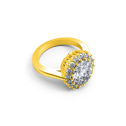 RKC Oval geschnittener Moissanit-Halo-Hochzeitstagsring, 925er Sterlingsilber, 14 Karat Gelbgold vergoldet, Gewicht 4 g, Breite 2,50 mm