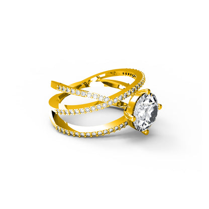 RKC Kreuzförmiger, runder Moissanit-Versprechensring aus 925er-Sterlingsilber, 14-Karat-Gelbgold mit einem Gesamtgewicht von 5 g