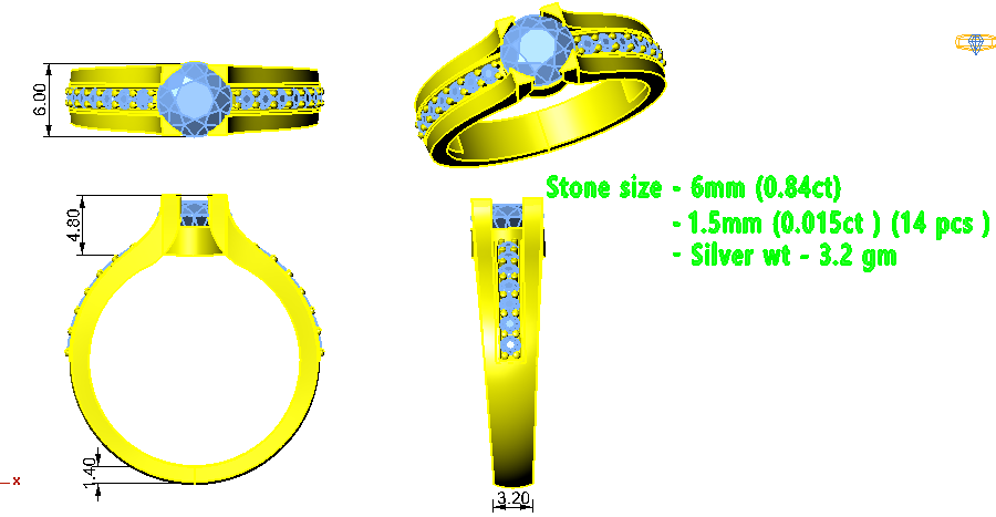 Solitario RKC Moissanite con accenti Micro Set Anello scopo Argento 925 Placcato oro giallo 14 carati Peso 3,2 g Larghezza 3,20 MM