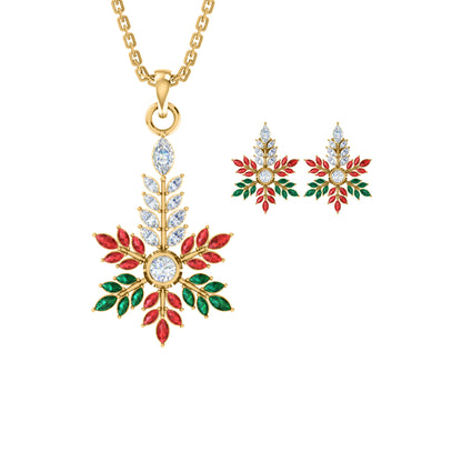 RKC 925 Silver Golden Total 2.69Ct CZ Pendant Wt 3.60gm And Wt Earring 3.20gm Set With 14K Yellow Gold Plated