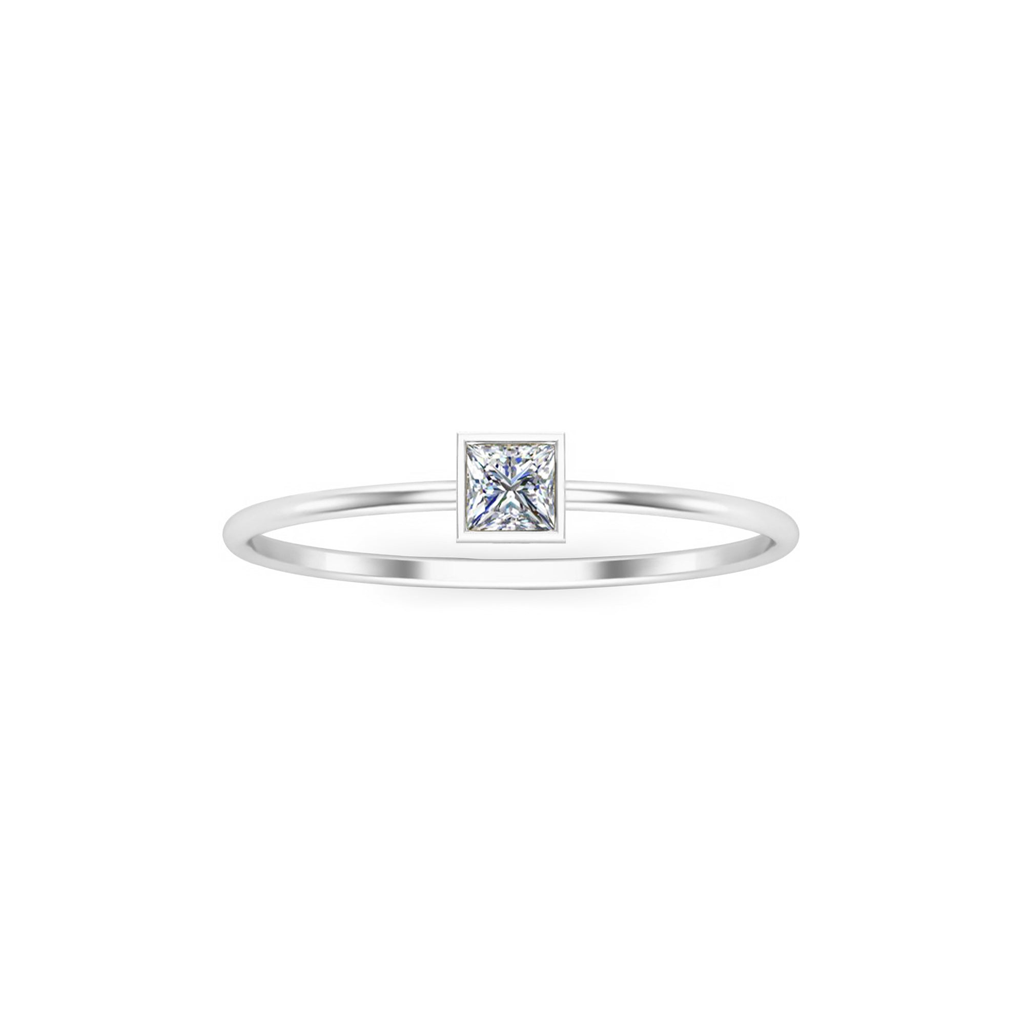 RKC Solitär-Verlobungsring im Princess-Schliff mit Moissanit-Lünette, 925er Silber, 14 Karat Roségold vergoldet, Gewicht 1 g, Breite 1,30 mm