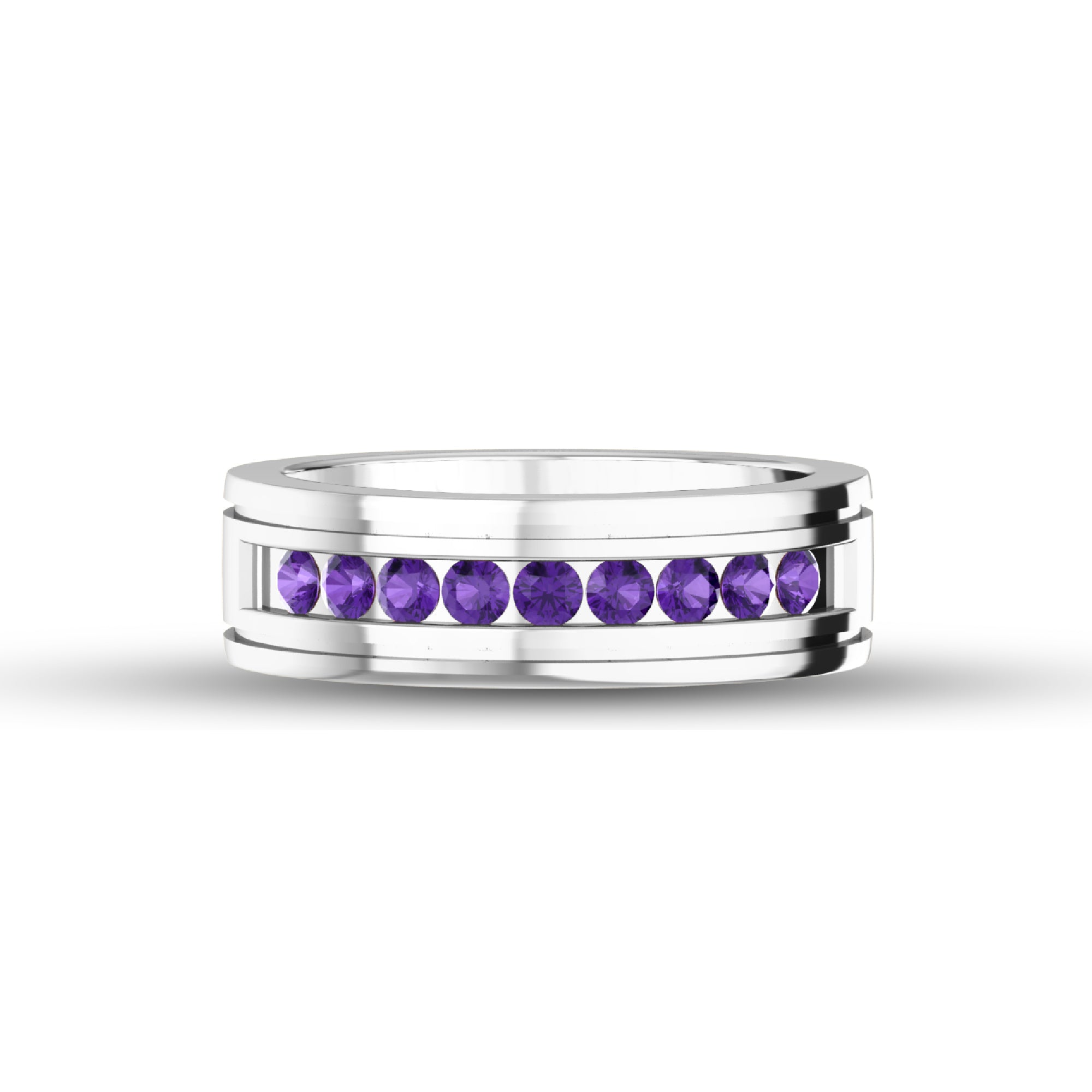 Fede nuziale da uomo con fede nuziale con ametista a taglio rotondo RKC, argento sterling 925, placcato in oro bianco 14 carati, peso 6,80 g, larghezza 6,40 mm